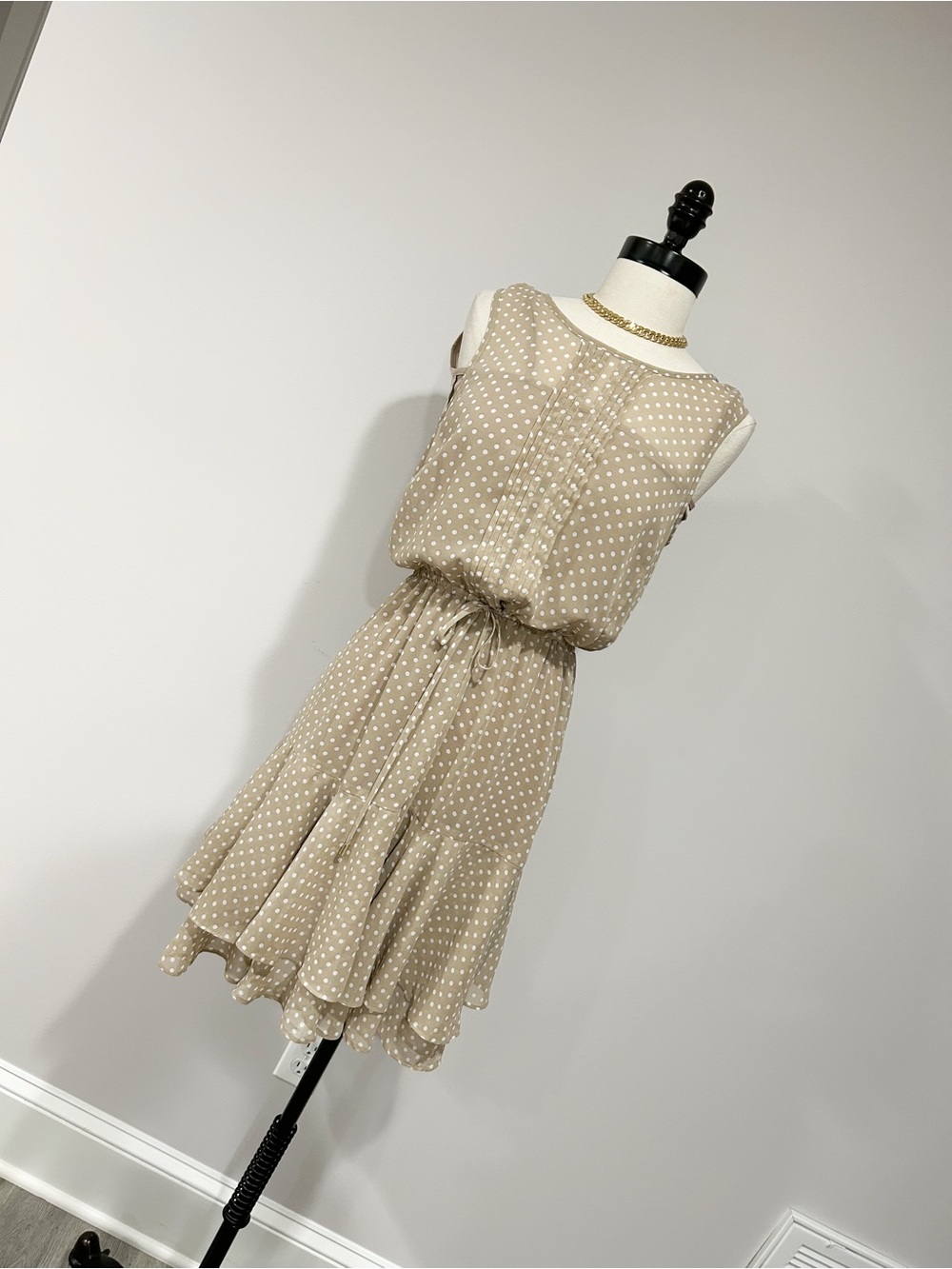 Tommy Hilfiger Beige Polka Dot Sleeveless Tiered Dress